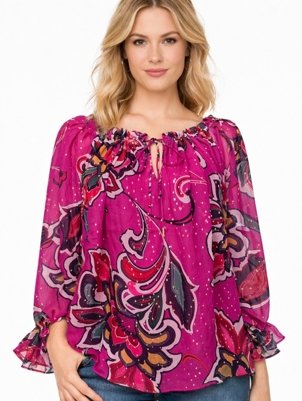Trina Turk Bright Fuchsia Floral Silk Off-Shoulder Blouse